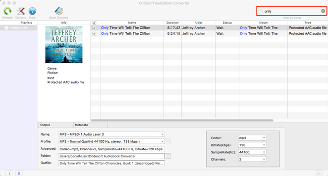 Ondesoft AudioBook Converter 2.9.12 – Convert your audio books to MP3 or AAC. screenshot