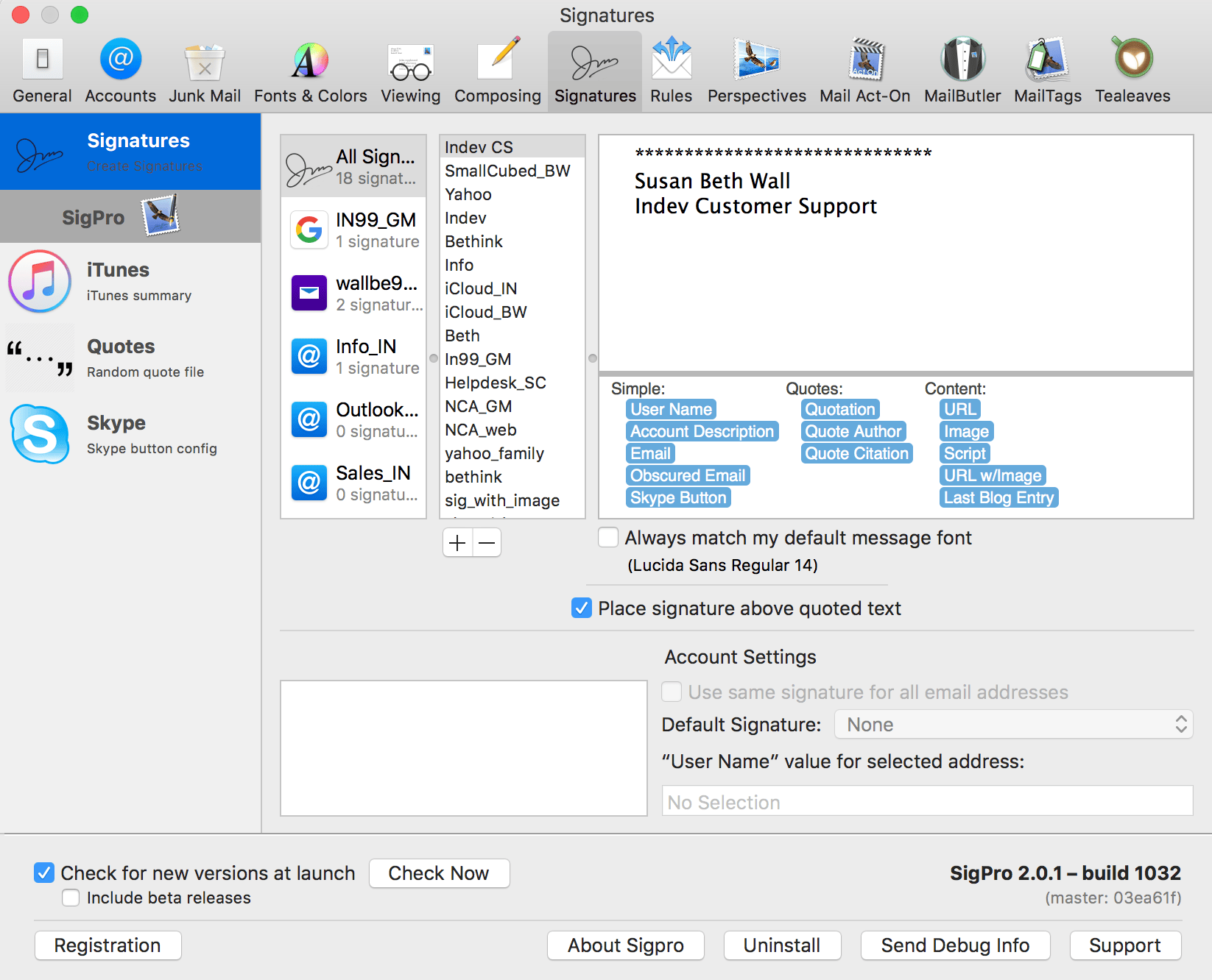 SigPro 2.1.4 – Adds features to Mail.app signatures feature. screenshot