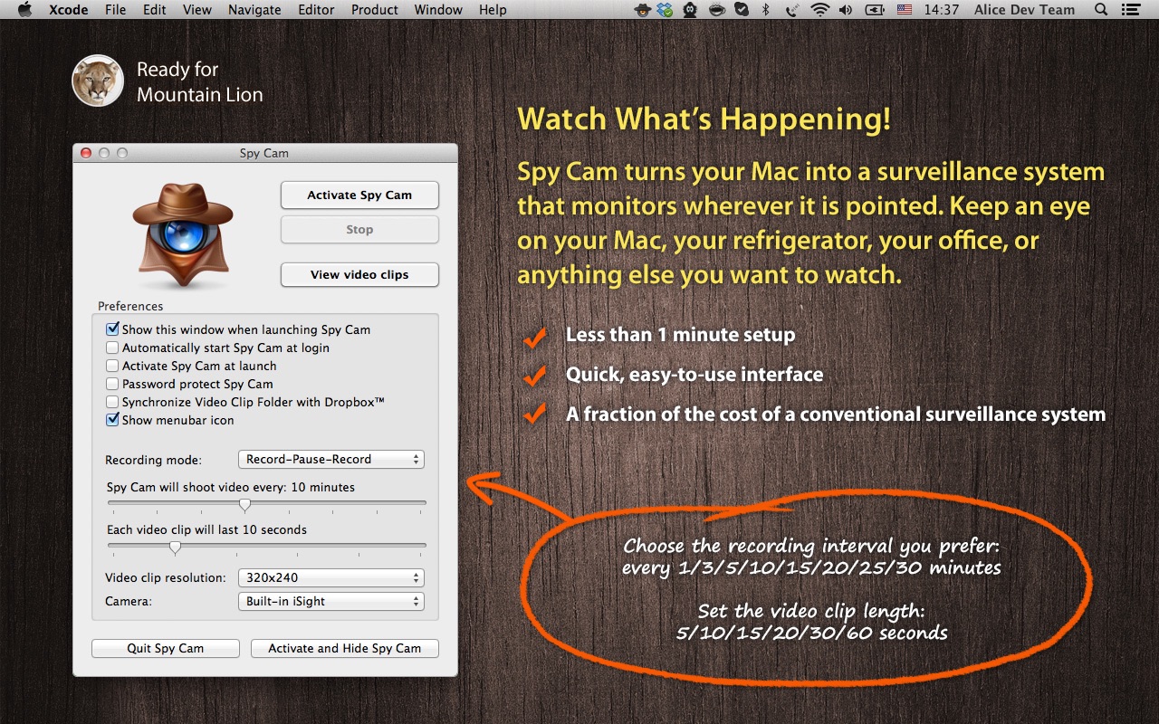 Spy Cam 3.5 – Turn your Mac into a spy camera. screenshot