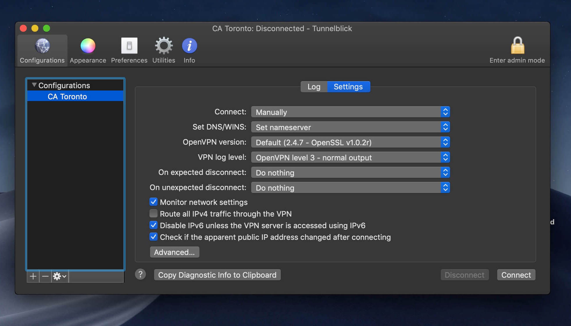 Tunnelblick 3.8.6a screenshot