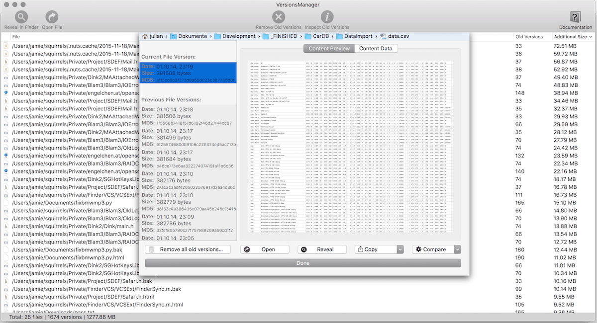 VersionsManager 1.1.6 – Remove gigabytes of superfluous old files. screenshot
