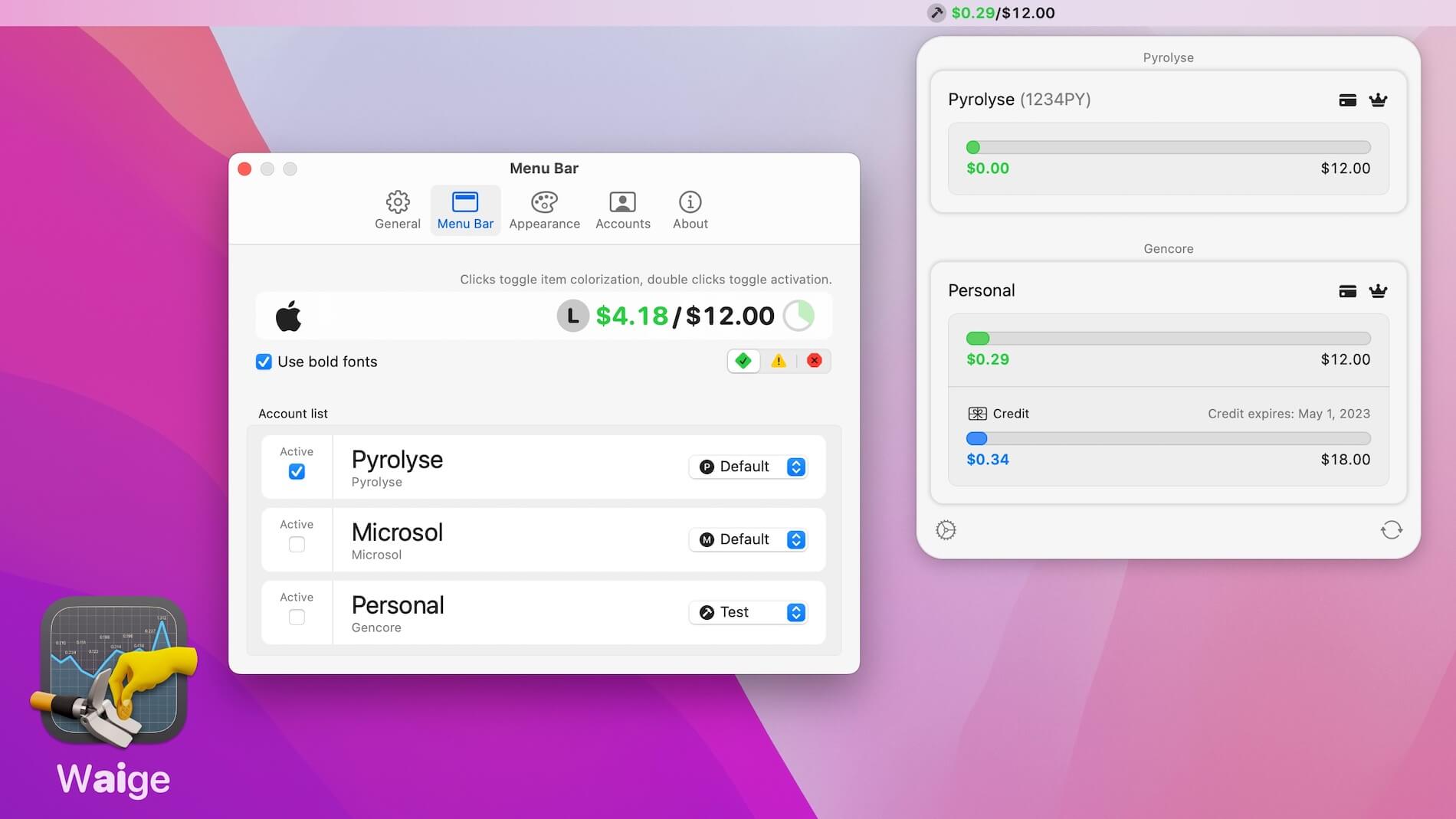 Waige 1.2.1 – Track OpenAI related costs. screenshot
