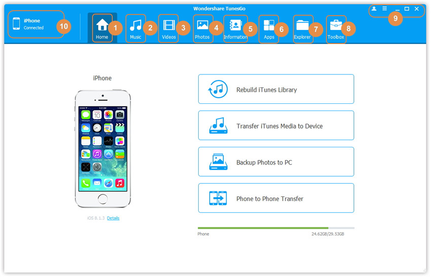 Wondershare TunesGo 9.7.2.1 – Transfer music to your iTunes Library. ekran görüntüsü